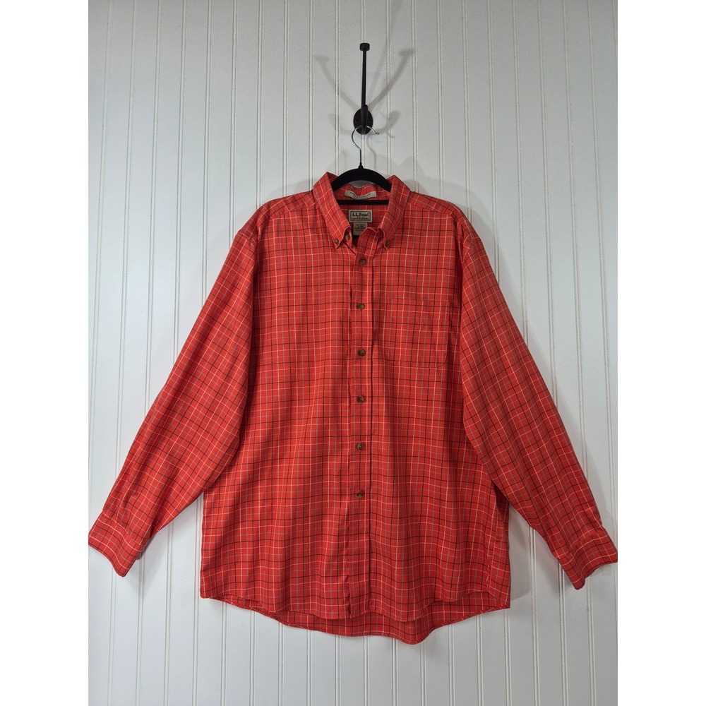LL Bean Mens Orange Plaid Wrinkle Resistant Cotton Button Down Shirt Large